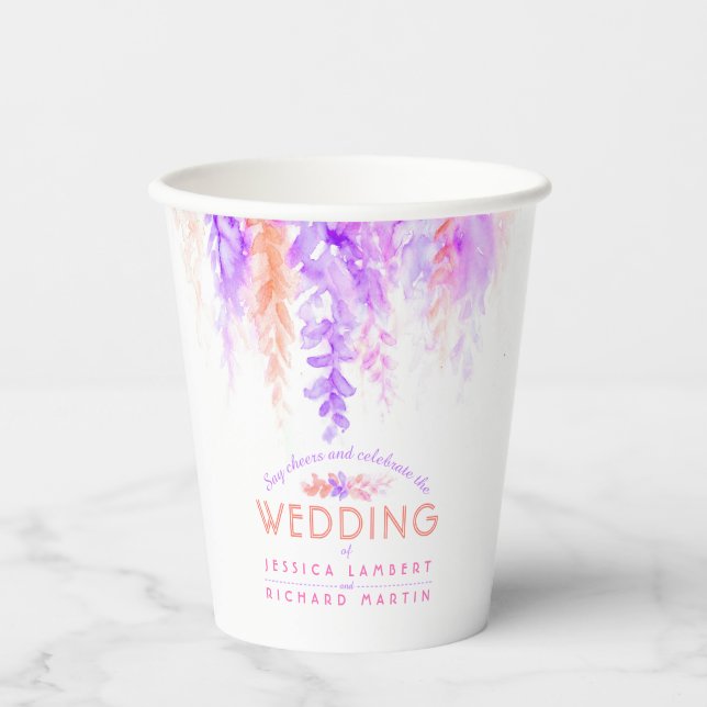 Hochzeit mit lila orangefarbenen Weinreben Pappbecher (Vorderseite)