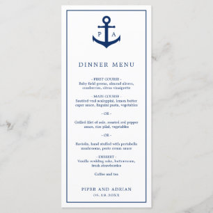 Hochzeit mit marinem Anker-Monogramm in Navyblau Menükarte