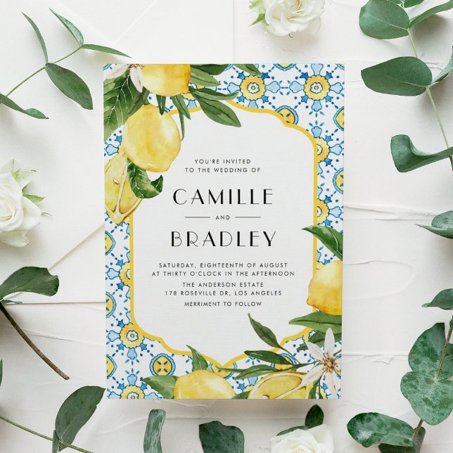Hochzeit mit marokkanischen Tischen und Zitronen i Einladungspostkarte (Watercolor Moroccan Tile and Lemon Design Mediterranean Wedding Invitation Postcard)