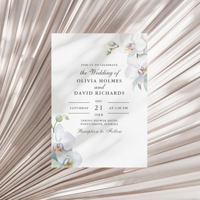 Hochzeit mit Minimalistischem Weißer Orchid Einladung (Watercolor Minimalist White Orchid Wedding Invitation on a white dry palm leaf.)