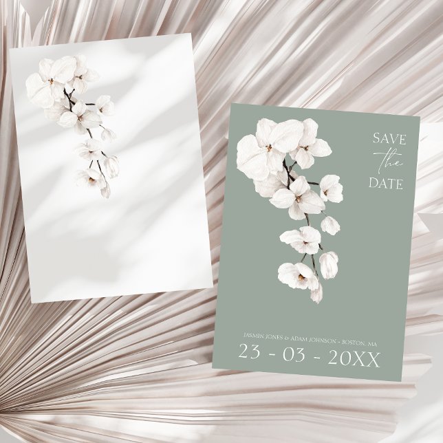 Hochzeit mit moderner Sage Green Orchid Save The Date (Modern Sage Green White Orchids Wedding Save the Date Card)