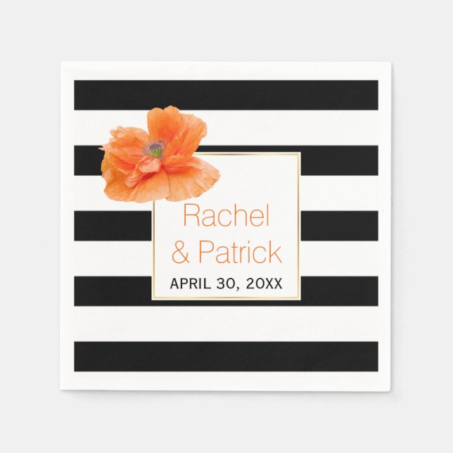 Hochzeit mit Mohnkorallen in Schwarz, Weiß und Str Serviette (Vorderseite)