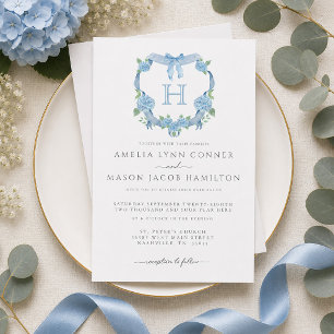 Hochzeit mit Monogramm Blaue Hortensien-Blumenwapp Einladung