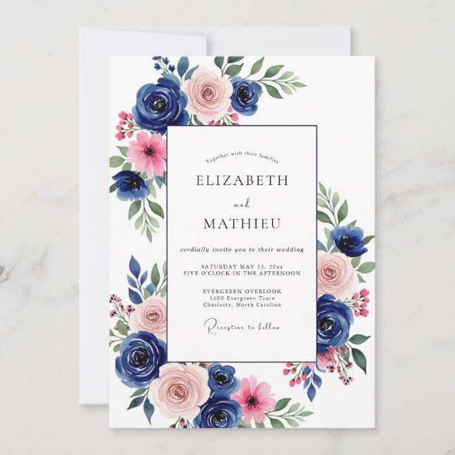 Hochzeit mit Navy Pink Bloom Einladung (Vorderseite)