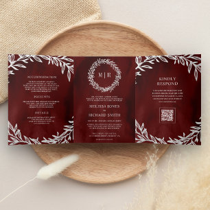 Hochzeit mit QR-Code auf Zweig in Marine Rot Silbe Dreifach Gefaltete Einladung