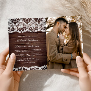 Hochzeit mit QR-Code-Foto auf Scheunenholz Einladung
