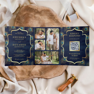 Hochzeit mit QR-Code und Navy-Blauen Pfauenfedern Dreifach Gefaltete Einladung