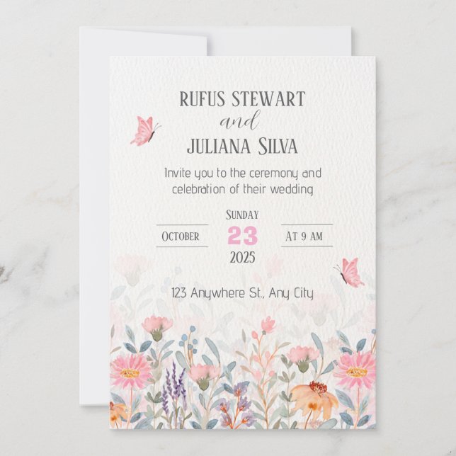 Hochzeit mit rosa und grüner Blüte Einladung (Vorderseite)