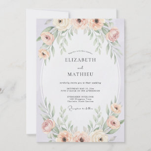 Hochzeit mit rosafarbenen Blüten und Laubwerk Einladung