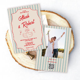 Hochzeit mit rotem Schriftzug und blauen Streifen Einladung