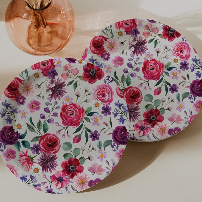 Hochzeit mit Roter Flora Pappteller (Red Floral Watercolor Wedding Paper Plates by Painted Paperie
)