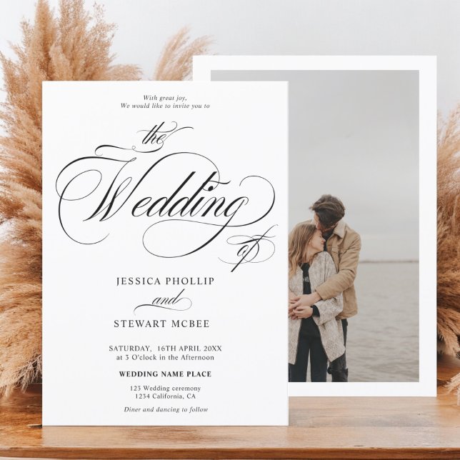 Hochzeit mit Schwarz-weißem Foto Einladung (Chic black white photo calligraphy wedding invitation)
