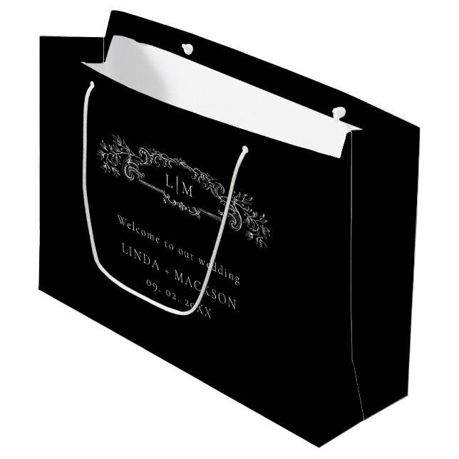Hochzeit mit schwarzem botanischem Wappen Große Geschenktüte (Vorderseite Schrägansicht)