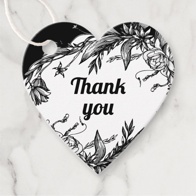 Hochzeit mit schwarzer, weißer Blumenschrift Danke Geschenkanhänger (Vorderseite)