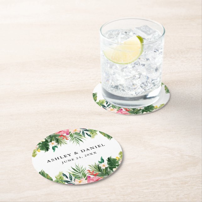 Hochzeit mit tropischen Pflanzen Runder Pappuntersetzer (Vor Ort)