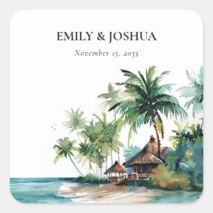 Hochzeit mit tropischen Wasserfarben Quadratischer Aufkleber