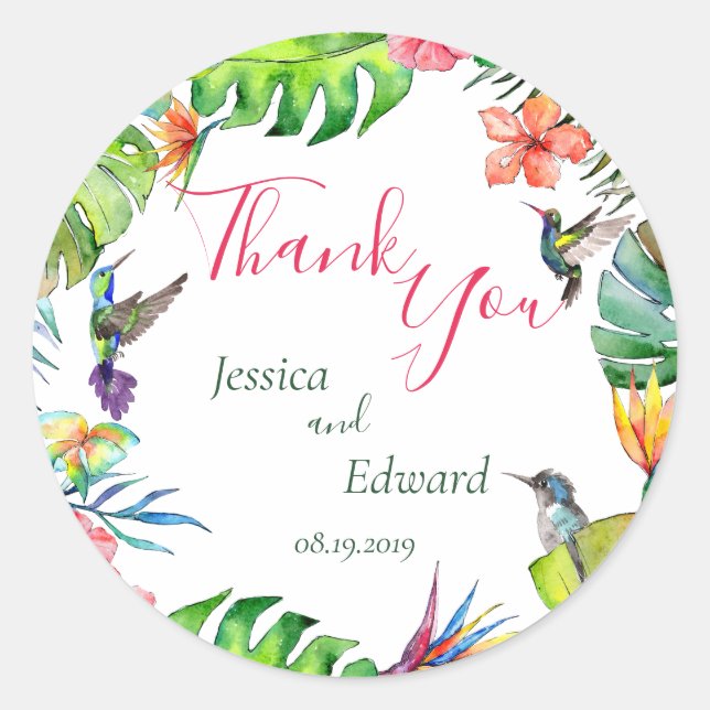 Hochzeit mit tropischer Flora Vielen Dank Runder Aufkleber (Vorderseite)