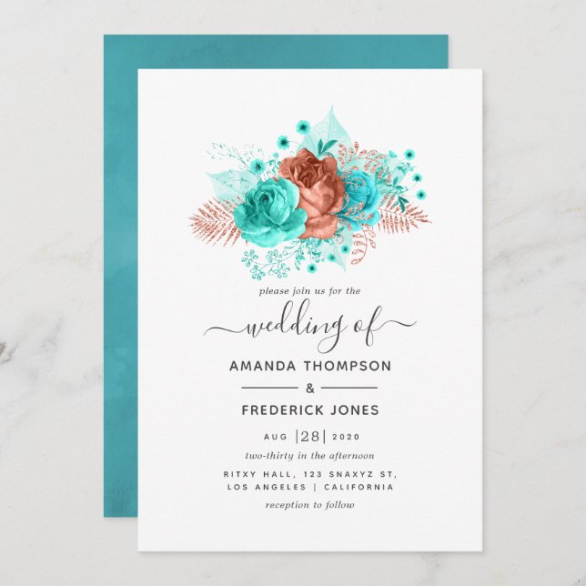 Hochzeit mit türkisfarbenem Korallenwasser Einladung (Vorne/Hinten)