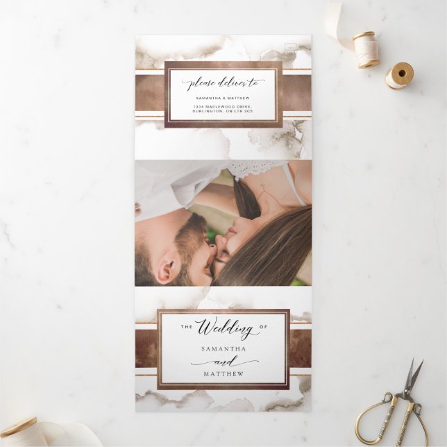 Hochzeit mit UAWG, Foto, erdfarbene Wasserfarbe Dreifach Gefaltete Einladung (Außenbereich)