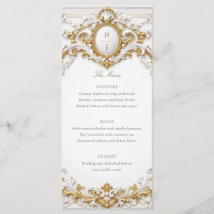 Hochzeit mit viktorianischem Gold- und Weiß-Barock Menükarte