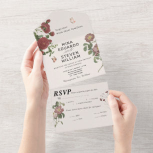 Hochzeit mit Vintage-Blumen-Schmetterlingen All In One Einladung