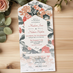 Hochzeit mit Vintage-Charme und Wasserfarben-Blume All In One Einladung