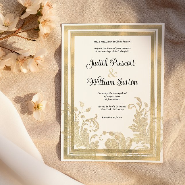 Hochzeit mit Vintagem Goldgold Einladung (Luxury vintage white gold floral wedding)