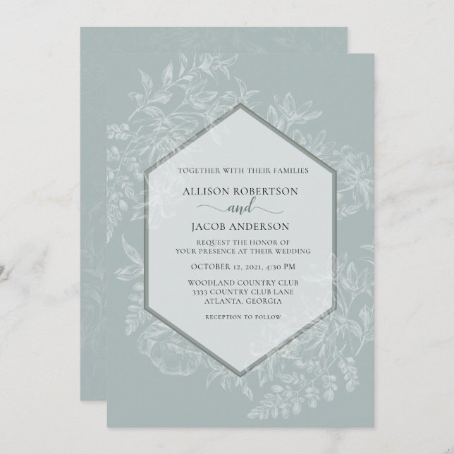 Hochzeit mit weichem grünen geometrischen Blumenmu Einladung (Vorne/Hinten)