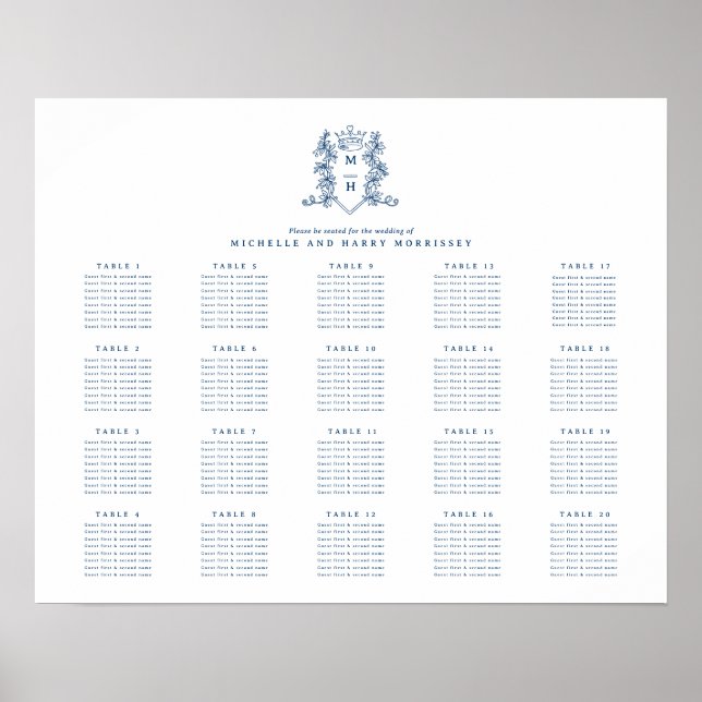 Hochzeit mit weißem blauem Herzen 20 Tische Poster (Vorne)