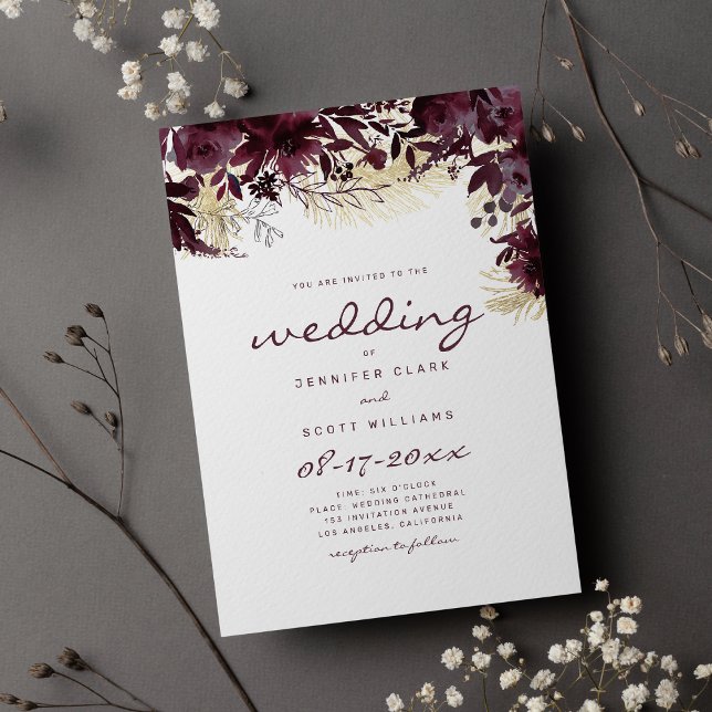 Hochzeit mit weißem Goldblumen in Wasserfarbe Einladung (Watercolor burgundy white gold floral wedding invitation )