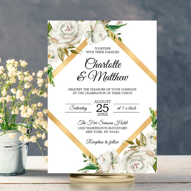 Hochzeit mit weißer Goldflora und Wasserfarbe Einladung (Watercolor Antique White Gold Floral Wedding Invitation)