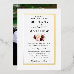Hochzeit Modern Elegant Burgunder Floral Foto Gold Folieneinladung
