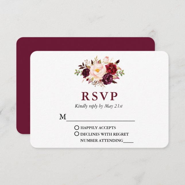 Hochzeit Moderne Elegante Burgund Blumen RSVP Karte (Vorne/Hinten)