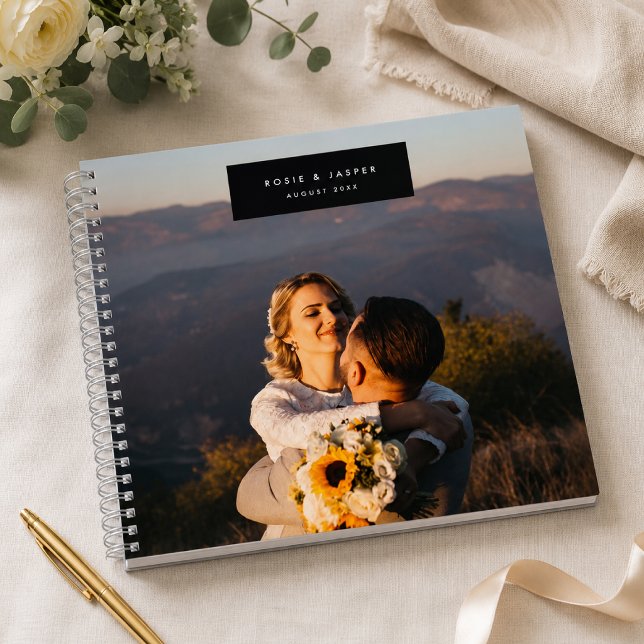 Hochzeit Moderne Minimal Stilvolle Schwarze Gast Notizbuch (Custom photo wedding guest book with names and date for reception messages and memories)