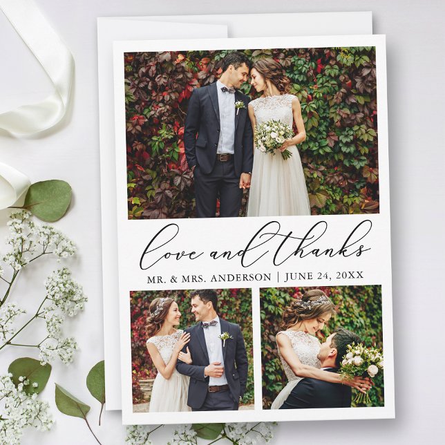 Hochzeit Moderne Minimalistische Kalligraphie 3 Fo Dankeskarte (Customize to add text or more photos to back of card.)