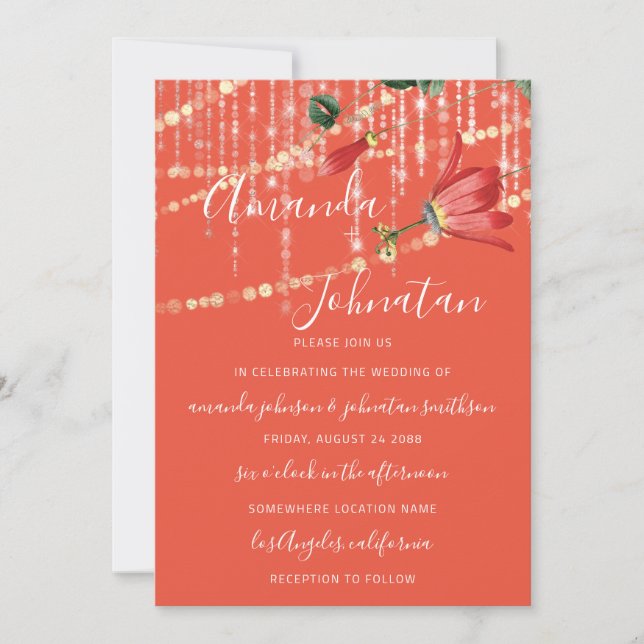 Hochzeit Moderne Monogram Vivid Coral Lights Gold Einladung (Vorderseite)
