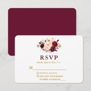 Hochzeit Modernes Elegantes Burgund Floral Gold RSVP Karte
