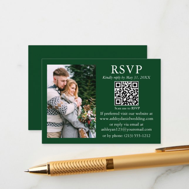 Hochzeit Modernes Minimalistisches Foto Green QR U Begleitkarte (Vorderseite/Rückseite Beispiel)