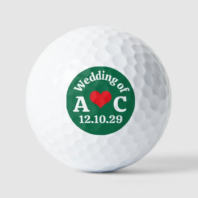 HOCHZEIT Monogramm rotes Herz und dunkelgrüner Hin Golfball (Vorderseite)