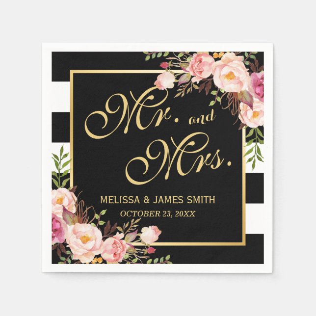 Hochzeit Mr. und Mrs. Floral Gold Rahmen Streifen Serviette (Vorderseite)