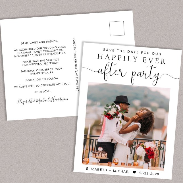 Hochzeit nach dem Party Foto Empfang Save the Date Ankündigungspostkarte (A stylish save the date announcement for a reception to celebrate your elopement or private wedding)