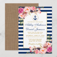 Hochzeit Nautic Blue Streifen Pink Floral Einladun