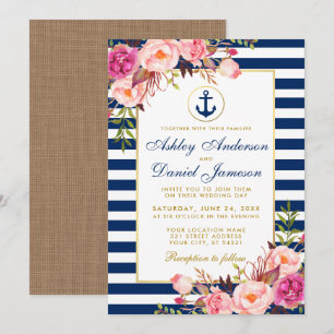 Hochzeit Nautic Blue Streifen Pink Floral Einladun Einladung