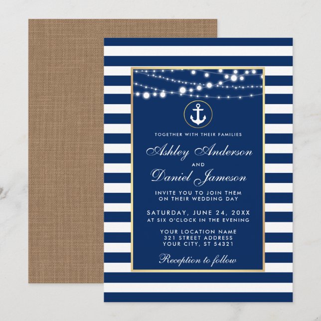 Hochzeit Nautic Blue Stripes Lights Einladung B (Vorne/Hinten)