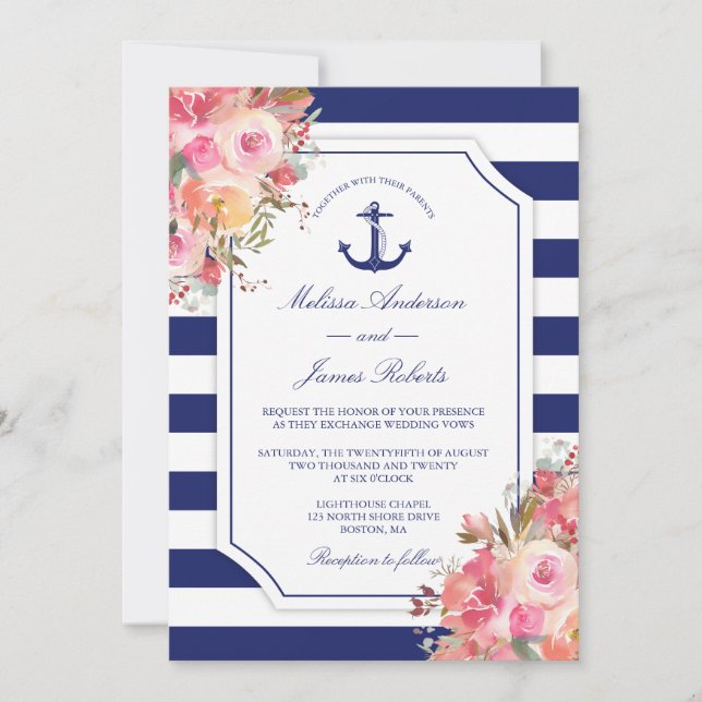 Hochzeit Nautical Anchor Floral Rose Blauer Streif Einladung (Vorderseite)