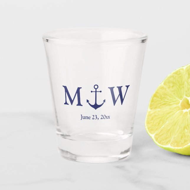 Hochzeit nautischer Ankermarineblau-Monogramm-Favo Schnapsglas (Vorderseite)