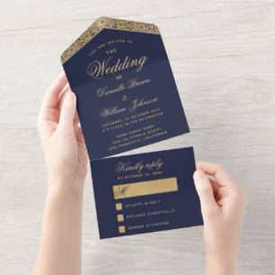 Hochzeit Navy Blau Gold Elegante Schrift Vintage All In One Einladung