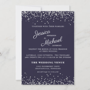 Hochzeit Navy Blau Silber Glitter Elegantes Skript Einladung
