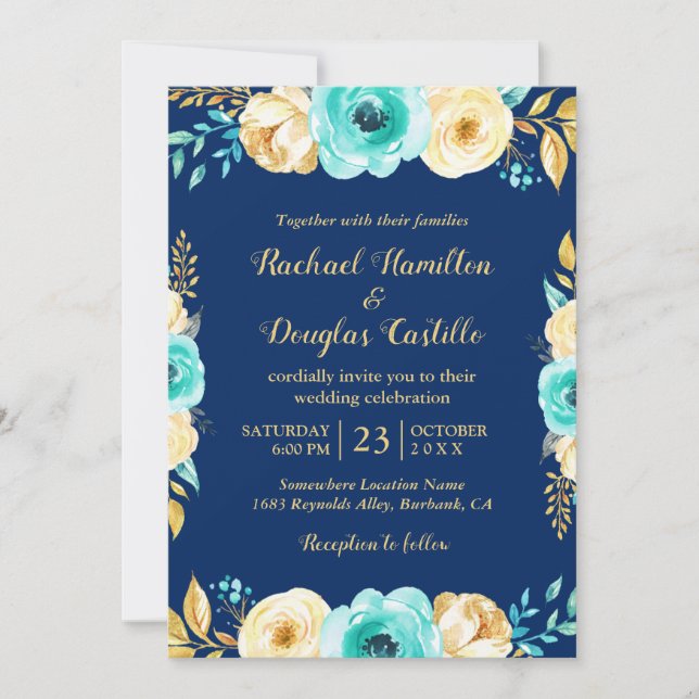 Hochzeit Navy Blue Aquamarin Gold Floral Romantic Einladung (Vorderseite)