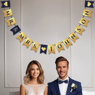 Hochzeit Navy Blue Imitate Gold Herz Mr. & Mrs. Na Wimpelkette